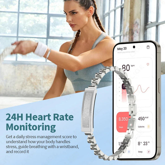 Silver no-screen smart watch for women by Hlpmedical, stylish fashion accessory with sleek design and digital features