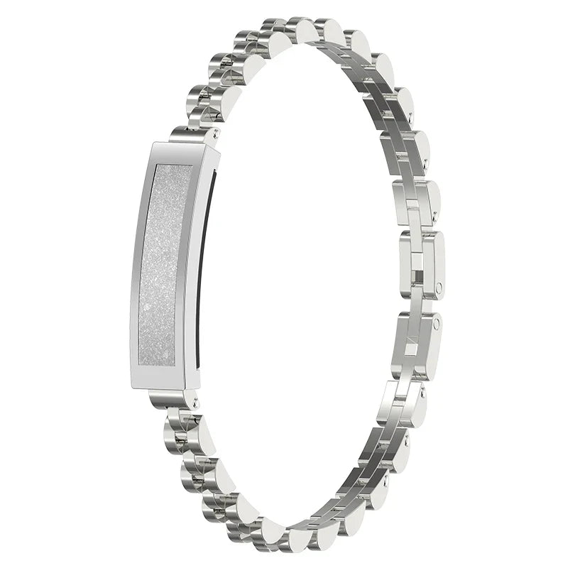 Silver no-screen smart watch for women by Hlpmedical, stylish fashion accessory with sleek design and digital features.