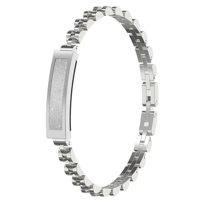 Silver no-screen smart watch for women by Hlpmedical, stylish fashion accessory with sleek design and digital features.