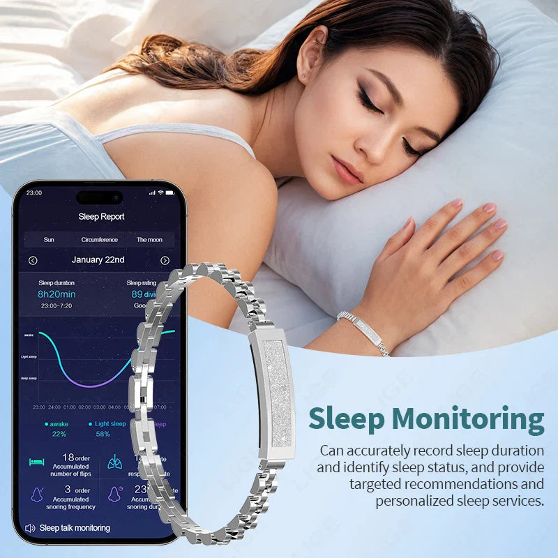 Silver no-screen smart watch for women by Hlpmedical, stylish fashion accessory with sleek design and digital features.