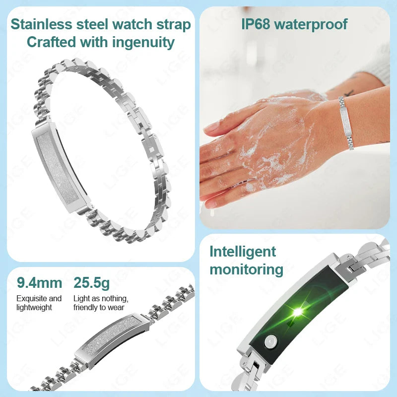 Silver no-screen smart watch for women by Hlpmedical, stylish women's fashion watch with sleek design and digital features.