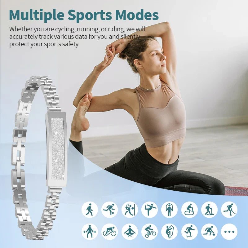 Silver no-screen smart watch for women by Hlpmedical, stylish fashion accessory with sleek design and digital features.