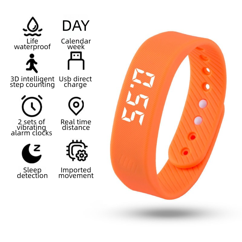 Orange silicone wristband watch with silent vibration alarm, discreet wake-up device, suitable for teens and adults, horizontal display.