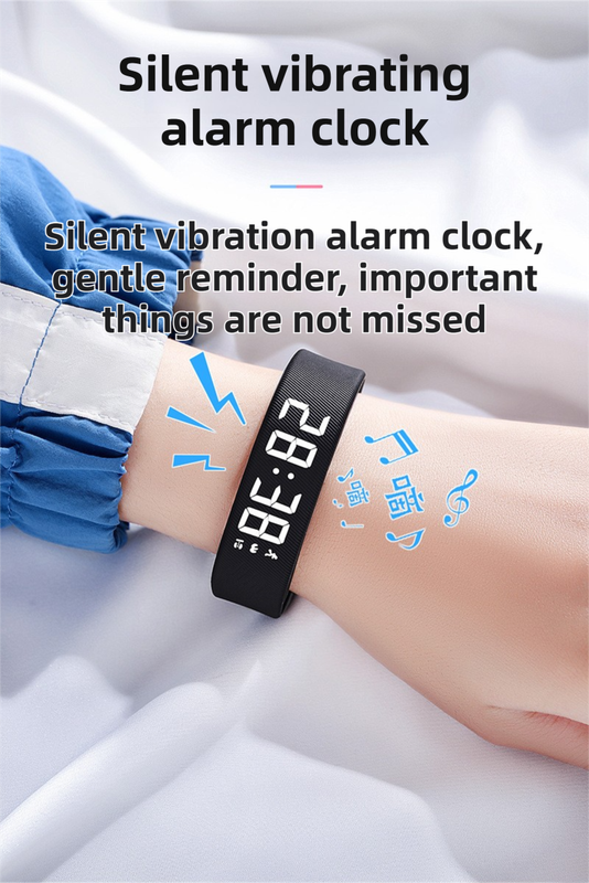 Orange silicone wristband smartwatch with vibration alarm, discreet wake-up device, featuring three alarm settings for teens and adults.
