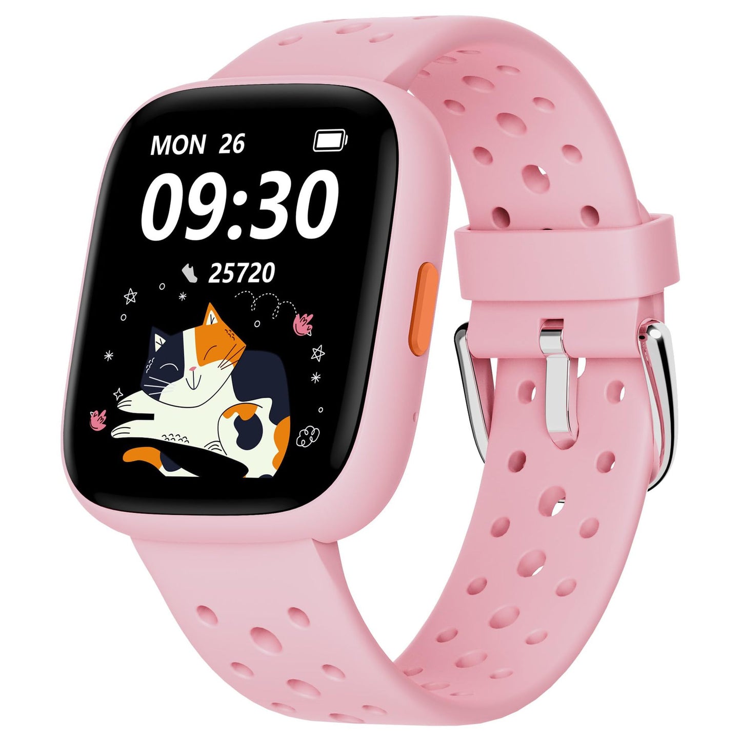 Pink kids' smart watch by Hlpmedical with fitness tracker, pedometer, heart rate monitor, 14 sport modes, and IP68 waterproof design.
