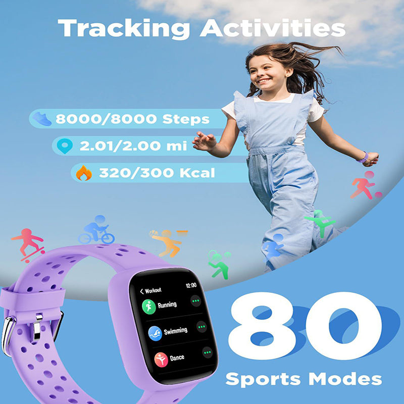 Pink kids' smart watch by Hlpmedical featuring fitness tracker, pedometer, heart rate monitor, 14 sport modes, and waterproof design.