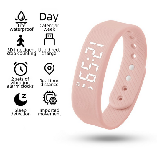 Pink silicone wristband with silent vibration alarm, featuring three alarm settings, designed for discreet wake-up for teens and adults.