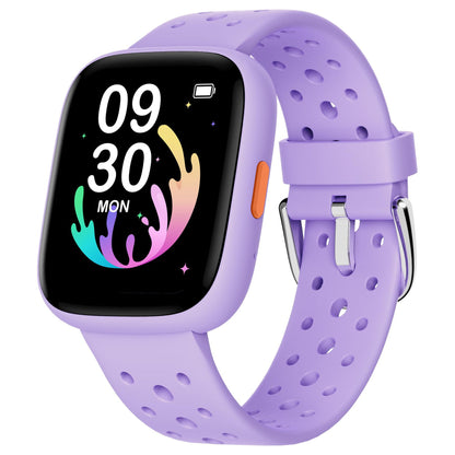 Purple kids' smart watch by Hlpmedical with fitness tracker, heart rate monitor, 14 sport modes, and waterproof design for boys and girls.