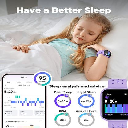 Purple kids' smart watch by Hlpmedical with fitness tracker, pedometer, heart rate monitor, 14 sport modes, and IP68 waterproof design.