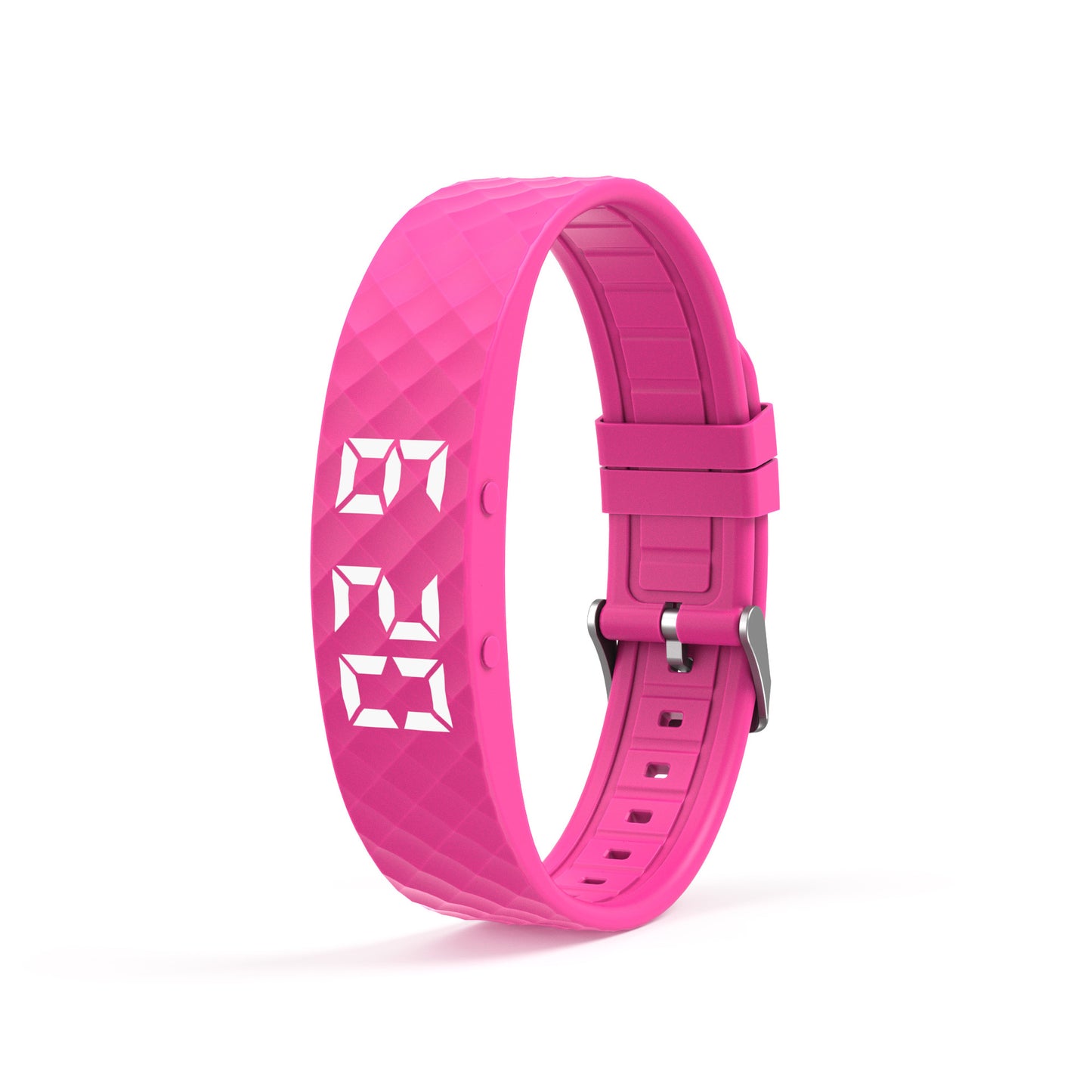 Rose red smart vibrating alarm watch by Hlpmedical showing digital display, fitness tracker, pedometer, and sleep monitor features.