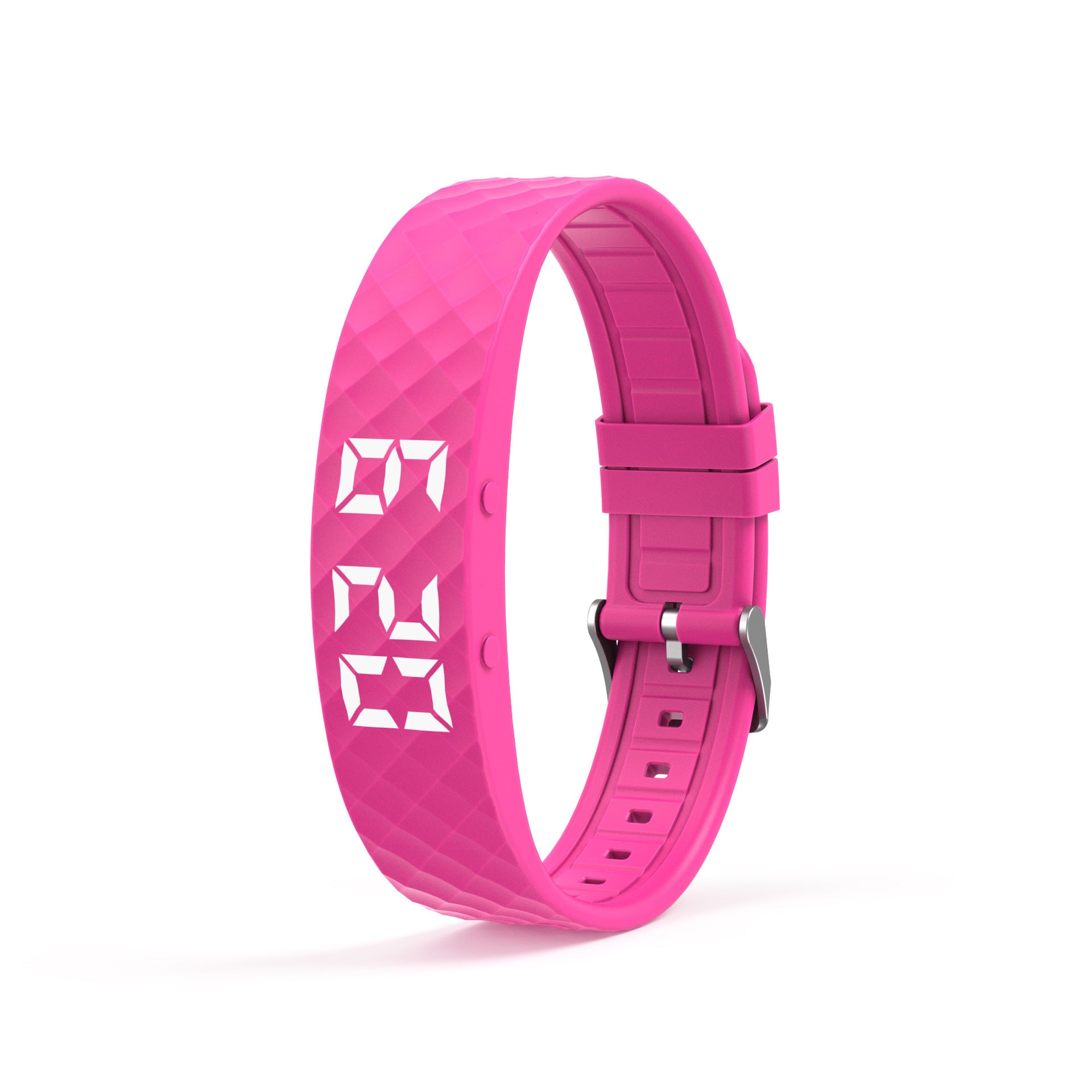 Rose red smart vibrating alarm watch by Hlpmedical showing digital display, fitness tracker, pedometer, and sleep monitor features.