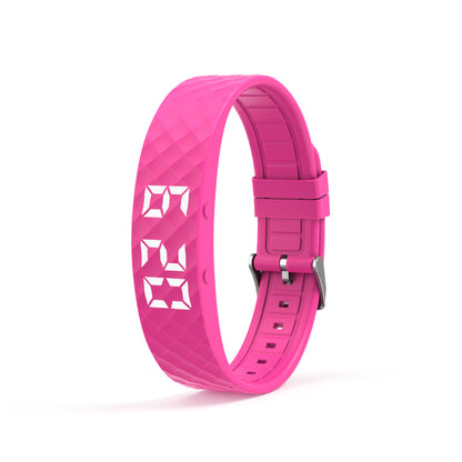 Rose red smart vibrating alarm watch by Hlpmedical showing digital display, fitness tracker, pedometer, and sleep monitor features.