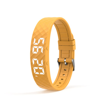 Yellow smart vibrating alarm watch by Hlpmedical, digital fitness tracker with pedometer and sleep monitor on women's wrist.