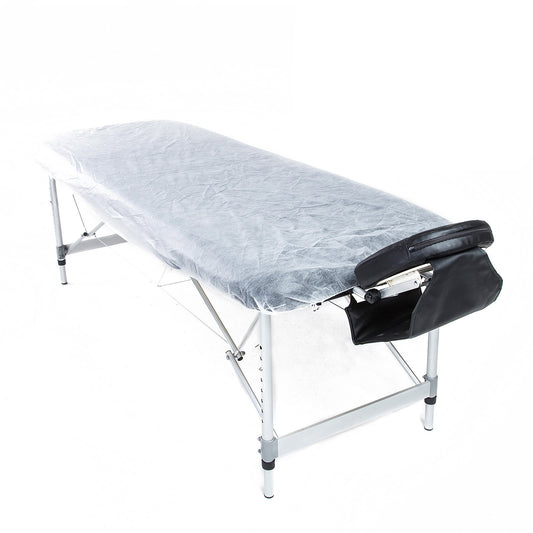 Set of 30 disposable massage table sheet covers in white, measuring 180cm by 75cm, suitable for massage chairs and therapy tables.
