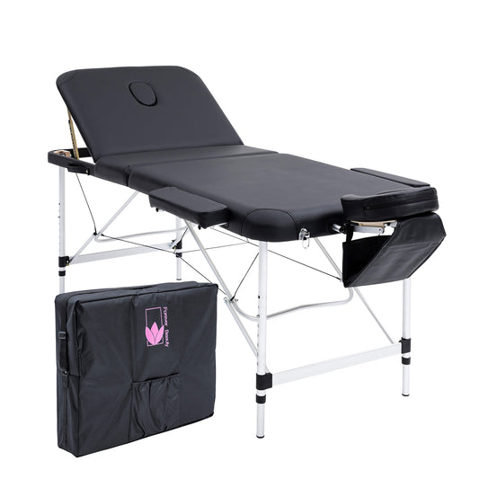 Black aluminium portable massage table bed with three fold design, 70cm wide, suitable for beauty and massage therapy.