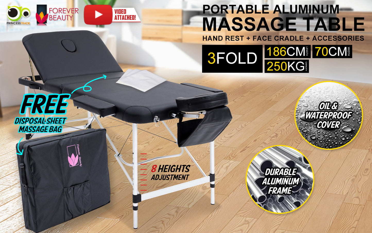 Aluminium portable beauty massage table bed in black, 3-fold, 70cm wide, lightweight and foldable for professional massage use.