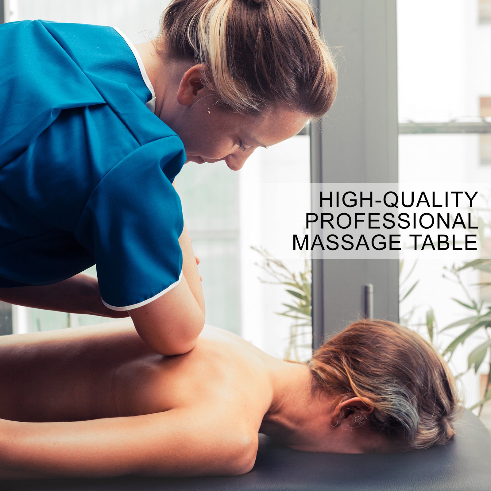 Black aluminium portable beauty massage table bed, 3-fold design, 70cm width, suitable for professional massage therapy sessions.