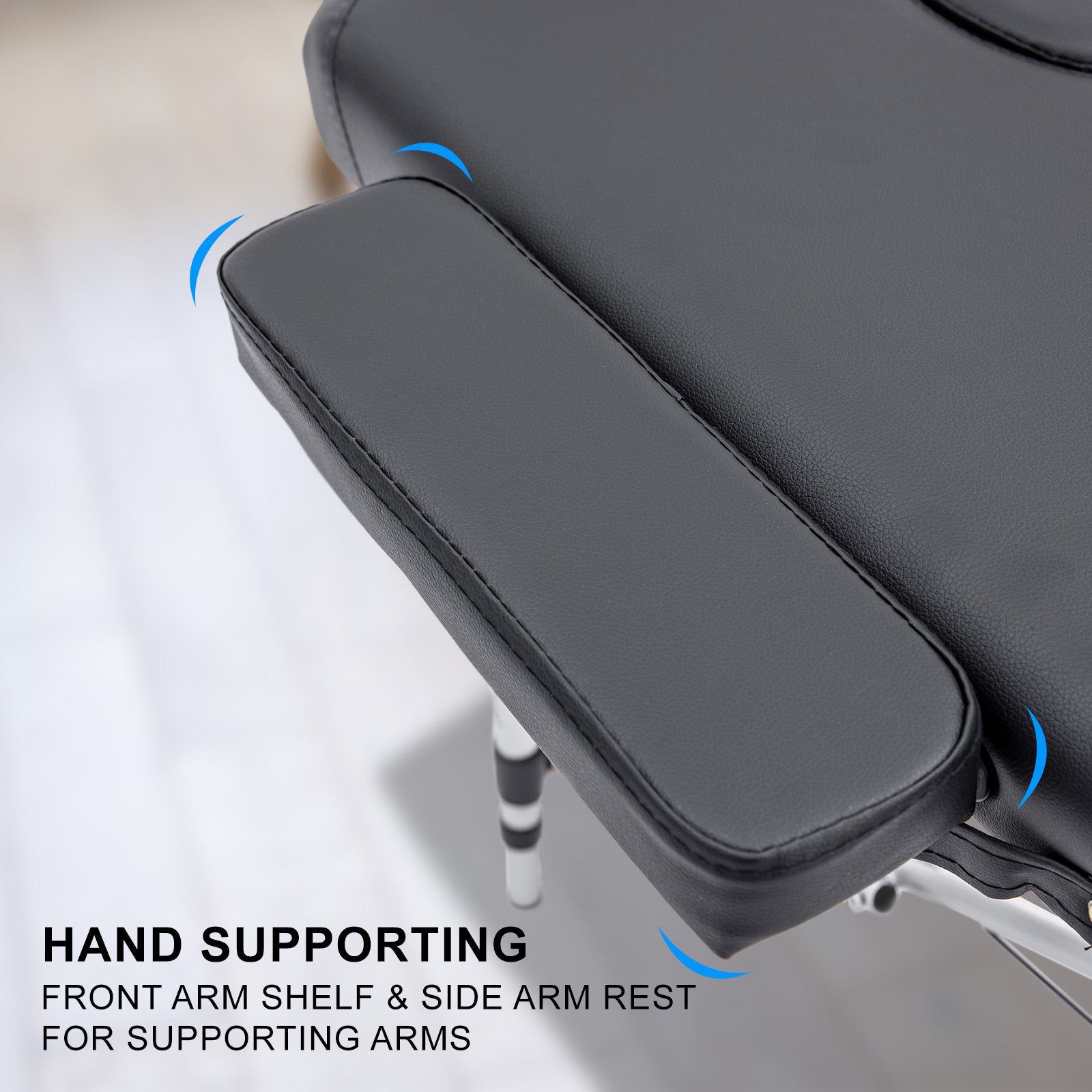 Black aluminium portable beauty massage table bed, 3-fold design, 70cm width, ideal for professional massage and beauty treatments.