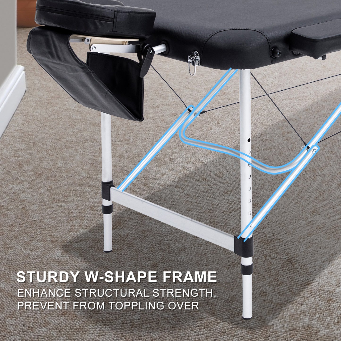 Black aluminium portable beauty massage table bed, 3-fold, 70cm wide, lightweight and foldable for easy transportation and use.