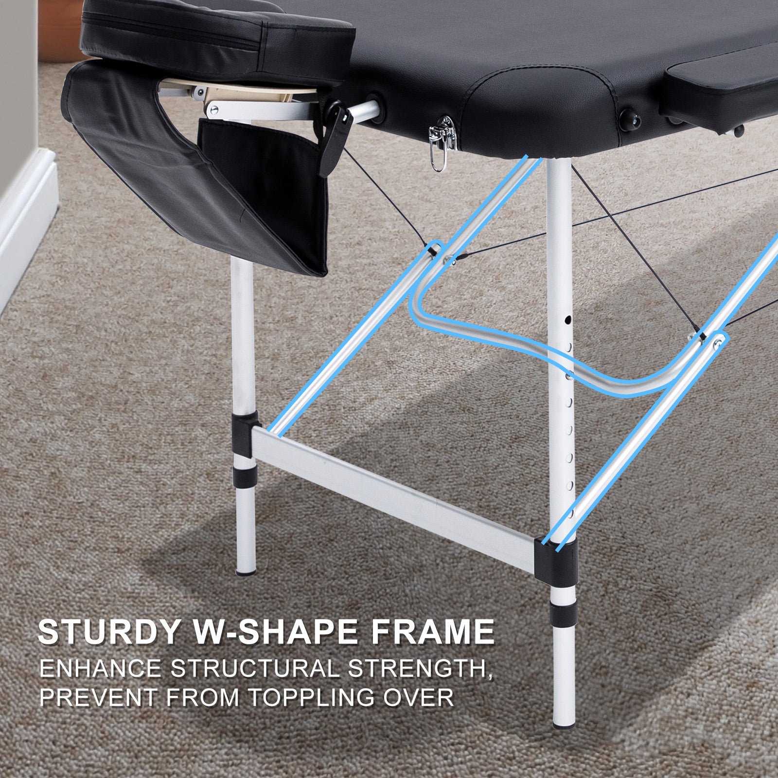 Black aluminium portable beauty massage table bed, 3-fold, 70cm wide, lightweight and foldable for easy transportation and use.