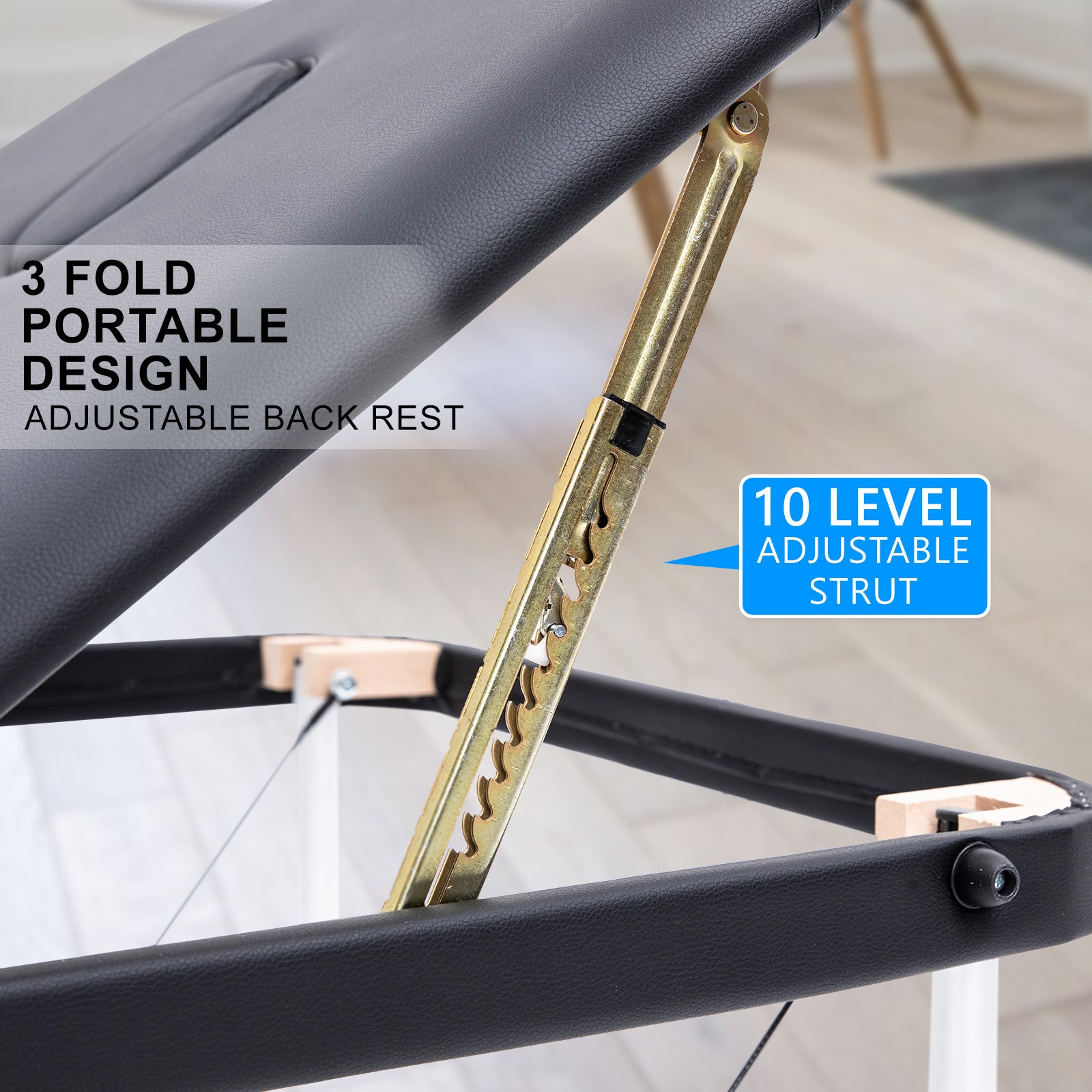 Black aluminium portable beauty massage table bed, 3-fold design, 70cm width, ideal for professional and home massage therapy.