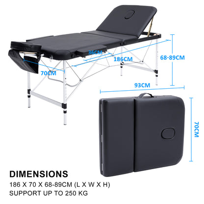 Aluminium portable beauty massage table bed, 3-fold, 70cm wide in black, suitable for professional massage therapy.
