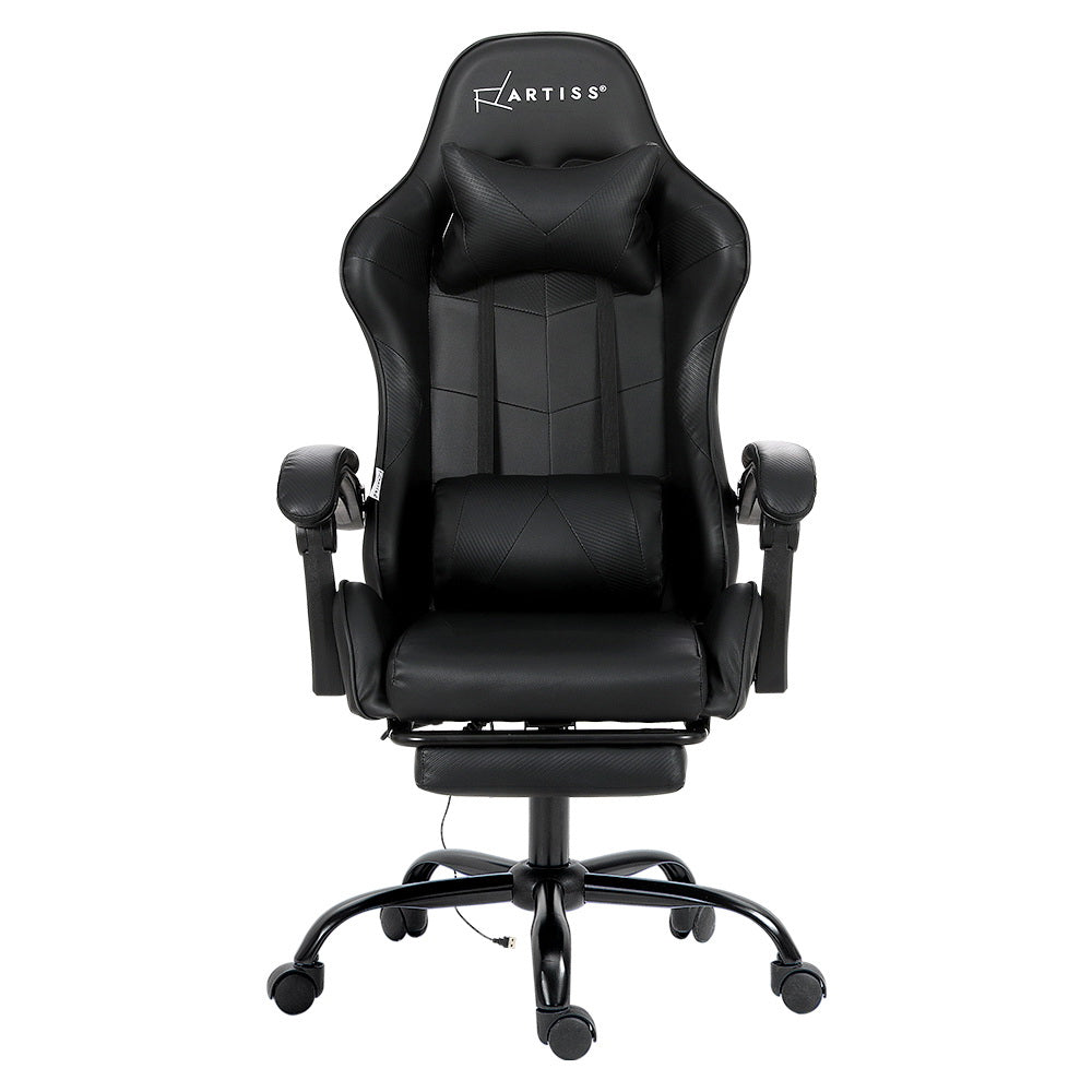Black Artiss 2 Point Massage Gaming Office Chair footrest, ergonomic furniture with adjustable features, designed for comfort.