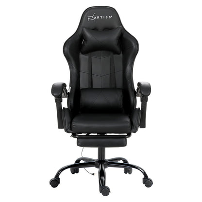 Black Artiss 2 Point Massage Gaming Office Chair footrest, ergonomic furniture with adjustable features, designed for comfort.
