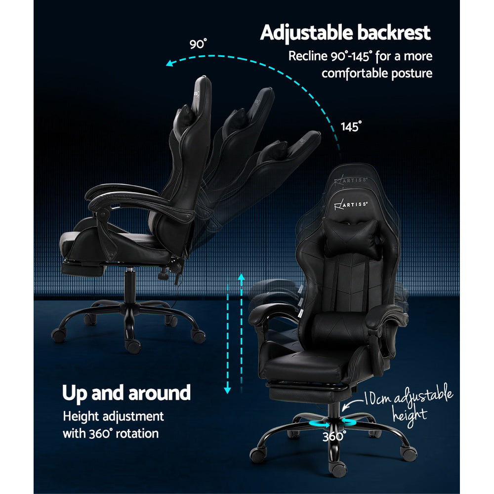Black Artiss 2 Point Massage Gaming Office Chair footrest with adjustable design, featuring ergonomic cushioning for comfort.