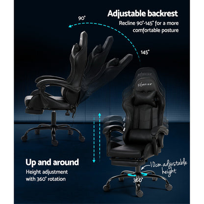 Black Artiss 2 Point Massage Gaming Office Chair footrest with adjustable design, featuring ergonomic cushioning for comfort.