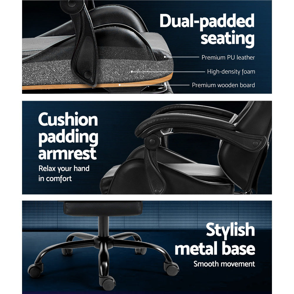 Black Artiss 2 Point Massage Gaming Office Chair with footrest, showcasing ergonomic design and adjustable features.