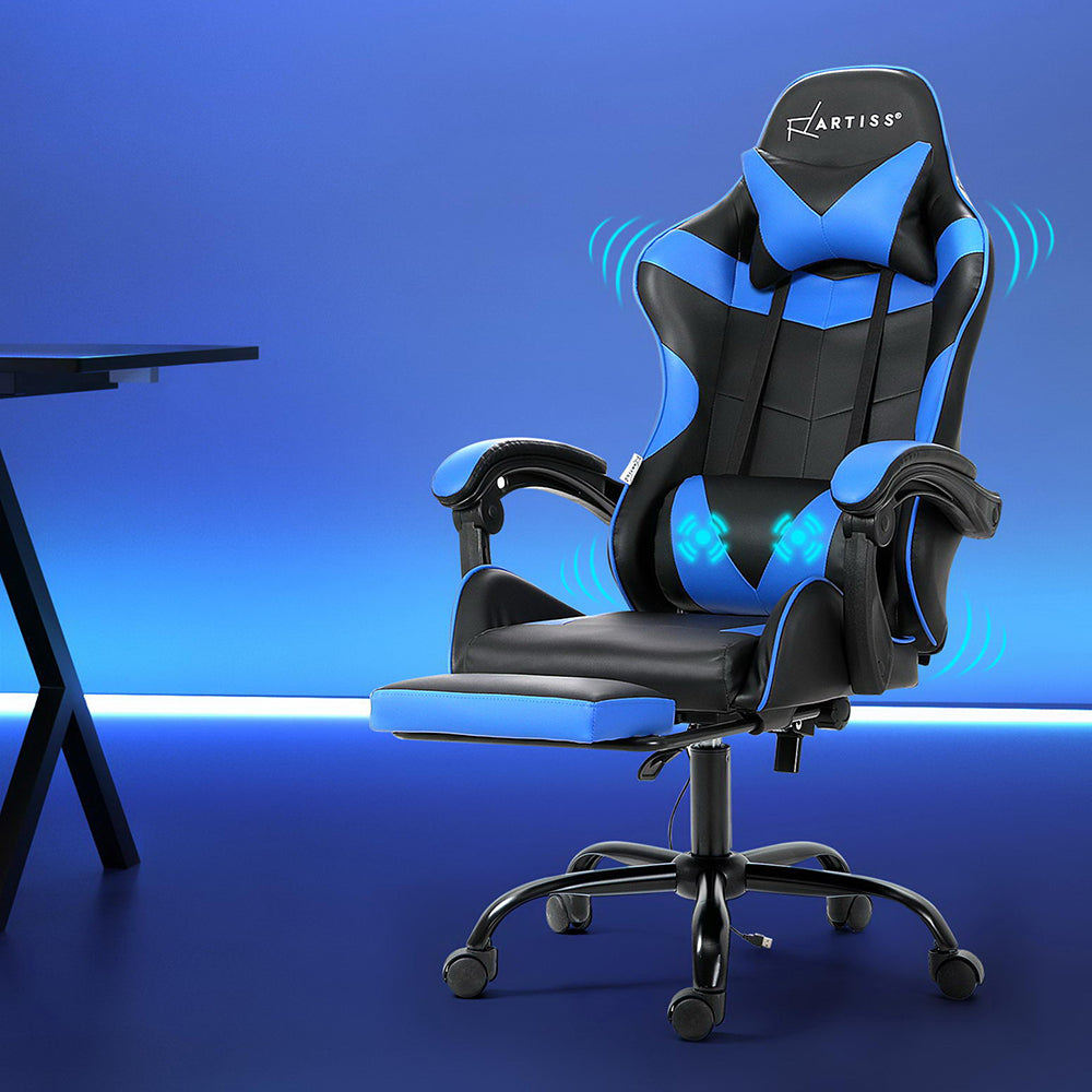 Blue Artiss 2-point massage gaming office chair footrest with adjustable height and ergonomic design for comfort.
