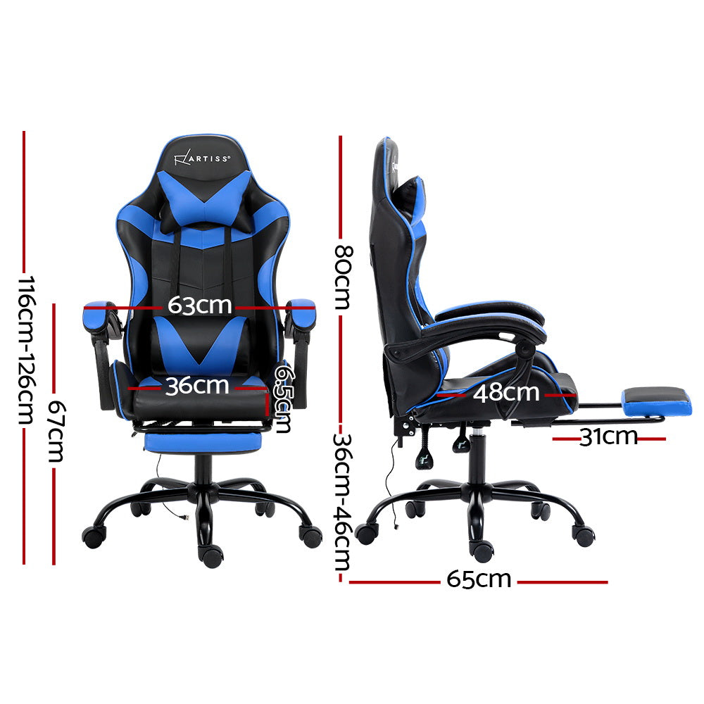 Blue Artiss 2-point massage gaming office chair footrest with adjustable height and ergonomic design, featuring cushioned padding.