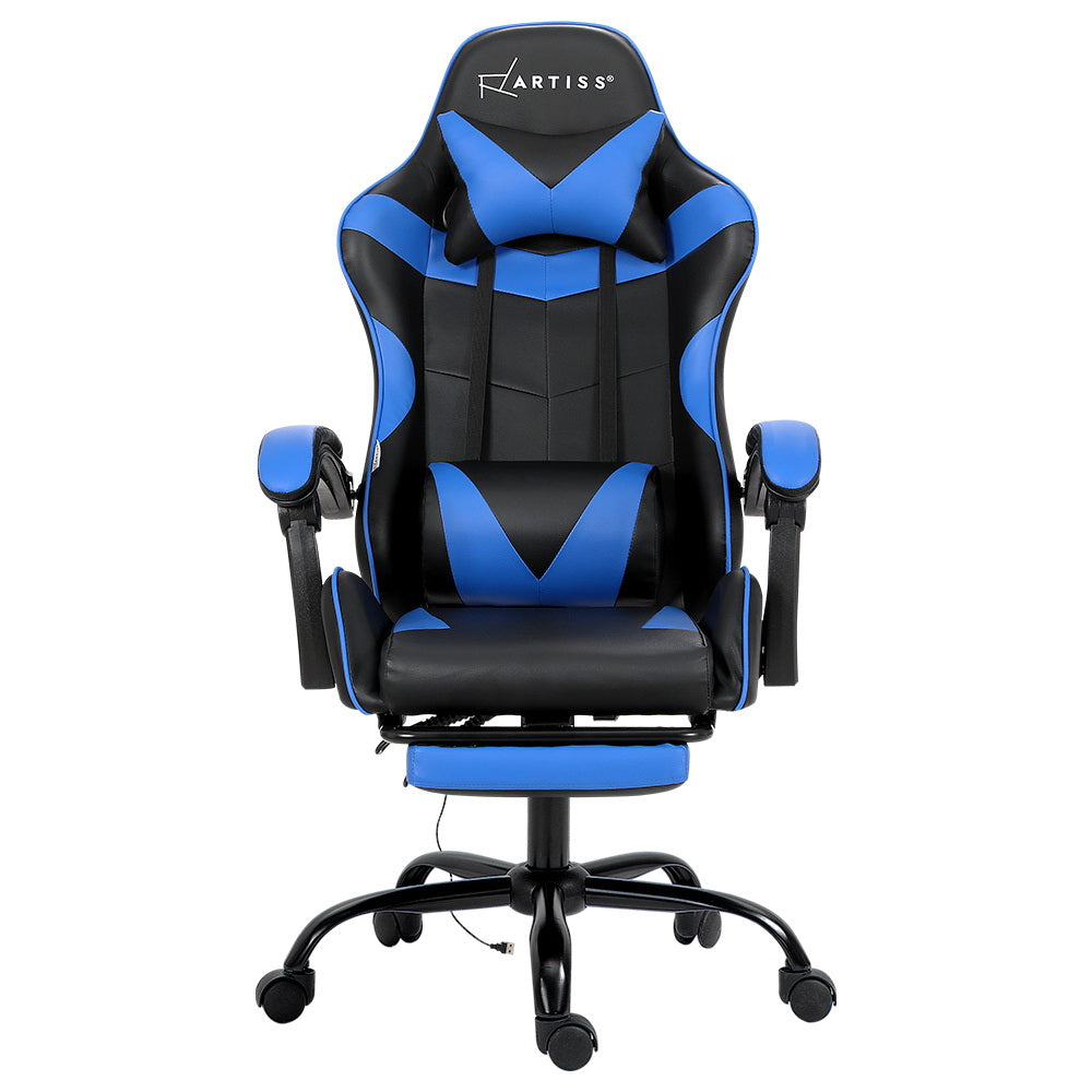 Blue Artiss 2 Point Massage Gaming Office Chair footrest, ergonomic design with adjustable features, ideal for comfort and support.