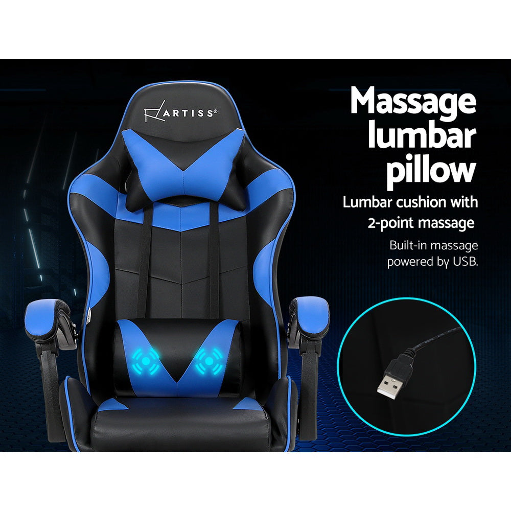 Blue Artiss 2 Point Massage Gaming Office Chair footrest with adjustable height and padded design, ideal for comfort and support.