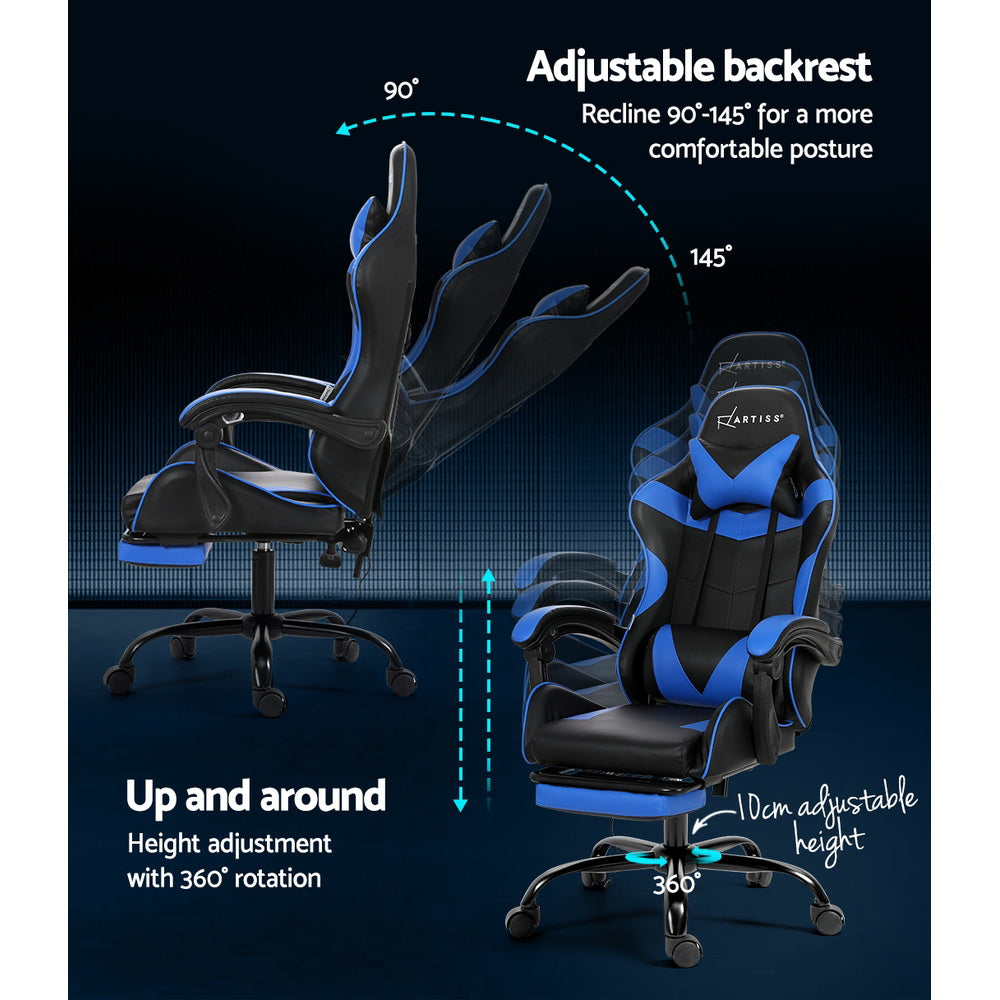 Blue Artiss 2 Point Massage Gaming Office Chair footrest with adjustable design, ergonomic cushions, and modern style.