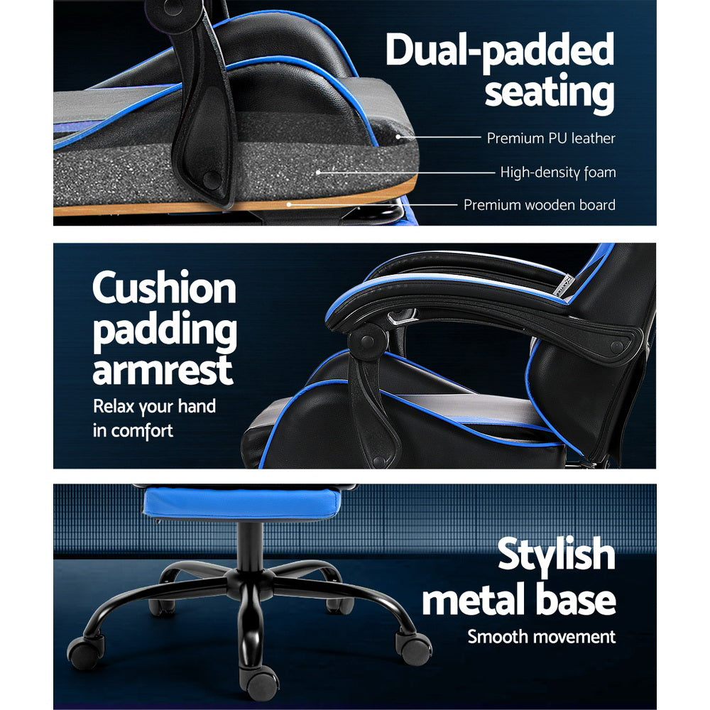Blue Artiss 2-point massage gaming office chair footrest with adjustable support, featuring ergonomic design and padded surface.