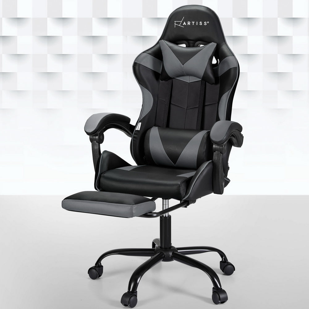 Grey Artiss 2-point massage gaming office chair footrest, ergonomic furniture with adjustable features for comfort.