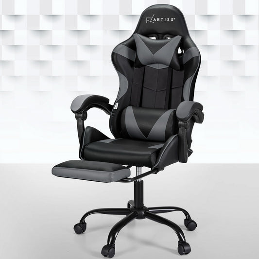 Grey Artiss 2-point massage gaming office chair footrest, ergonomic furniture with adjustable features for comfort.