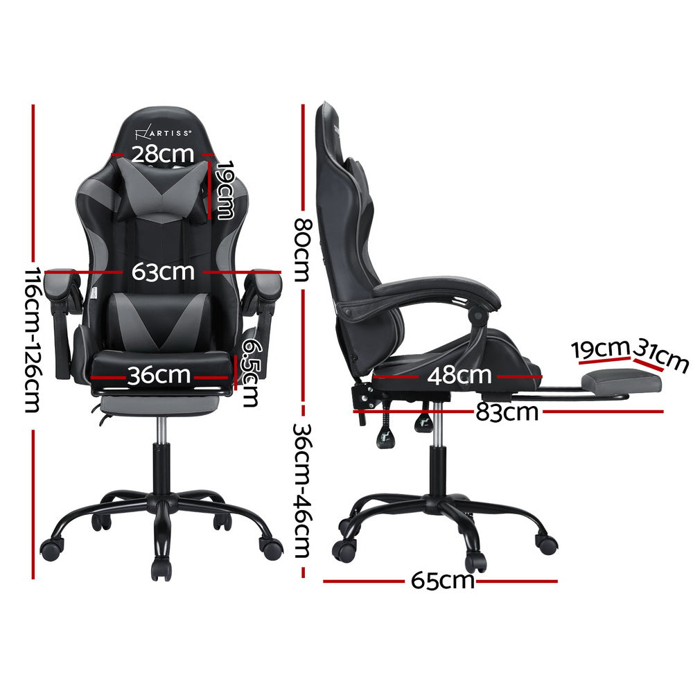 Grey Artiss 2 Point Massage Gaming Office Chair footrest with adjustable height and ergonomic design for comfortable seating.