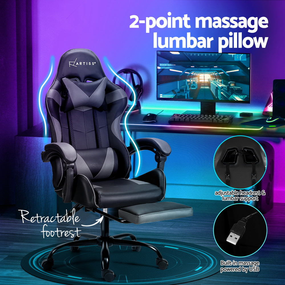 Grey Artiss 2 Point Massage Gaming Office Chair footrest, ergonomic furniture with adjustable features and padded support.