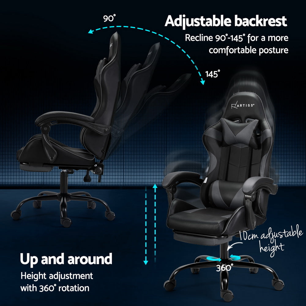 Grey Artiss 2 Point Massage Gaming Office Chair footrest, ergonomic furniture for comfortable support during work or gaming sessions.