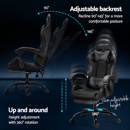 Grey Artiss 2 Point Massage Gaming Office Chair footrest, ergonomic furniture for comfortable support during work or gaming sessions.