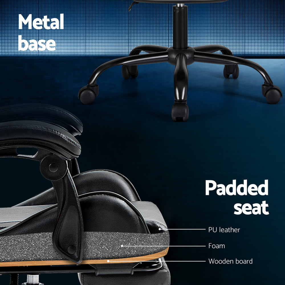 Grey Artiss 2 Point Massage Gaming Office Chair footrest, ergonomic design, with cushioning and adjustable height for comfort and support.