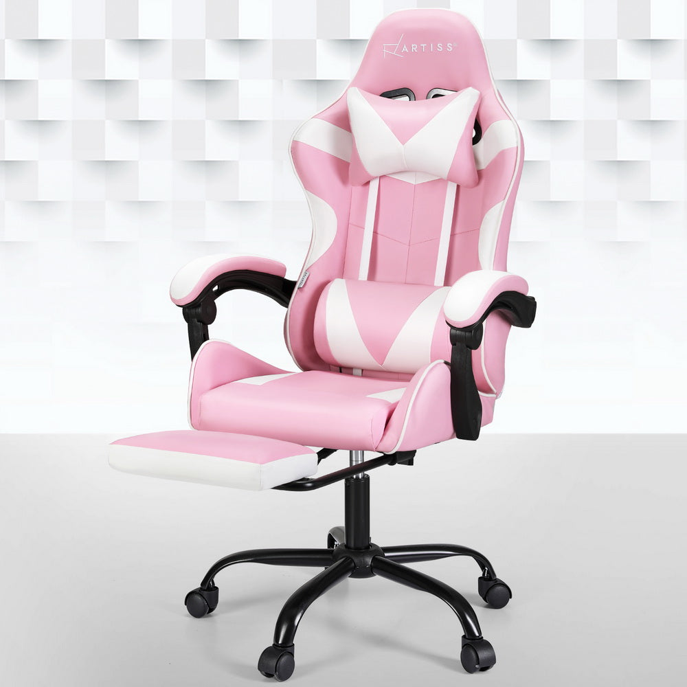 Pink Artiss 2-point massage gaming office chair footrest with adjustable height and ergonomic design for added comfort.