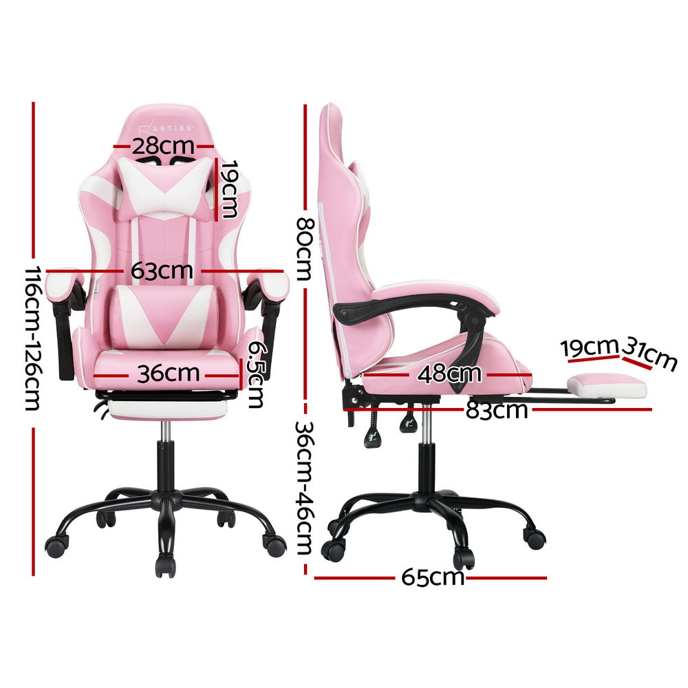 Pink Artiss 2 Point Massage Gaming Office Chair footrest with adjustable height and ergonomic design for comfortable seating.