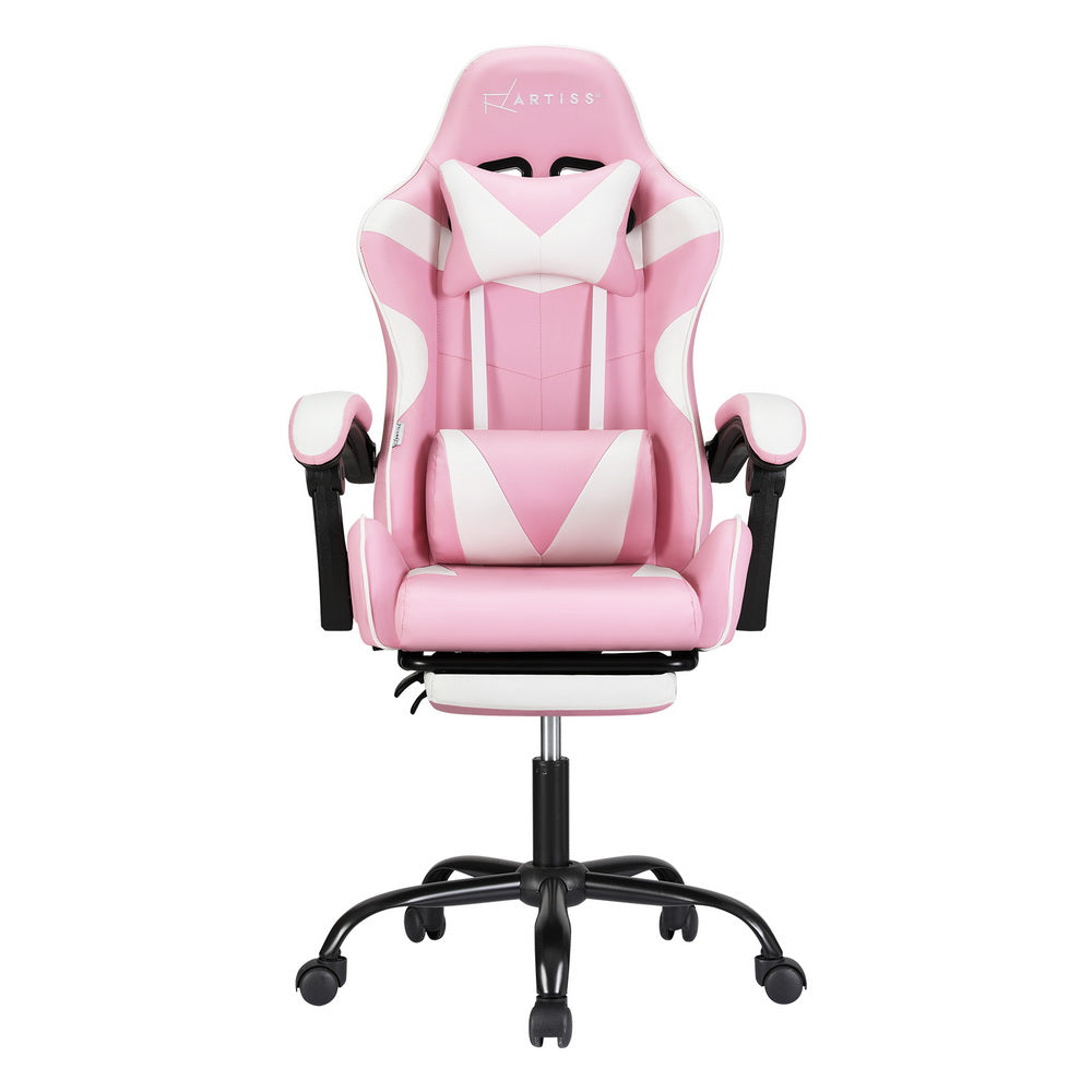 Pink Artiss 2-point massage gaming office chair footrest with cushioned surface and adjustable height for comfort.
