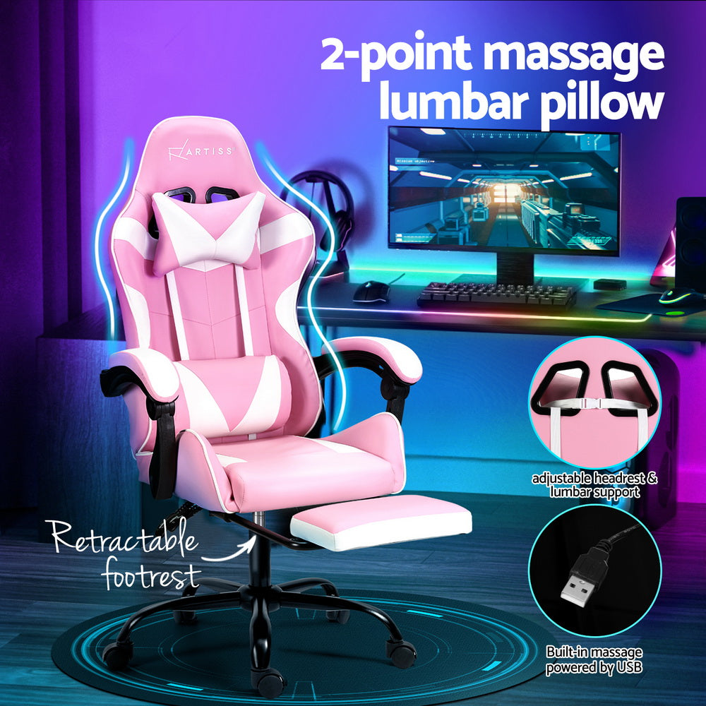 Pink Artiss 2 Point Massage Gaming Office Chair footrest, ergonomic design, with cushioned surface and adjustable height.