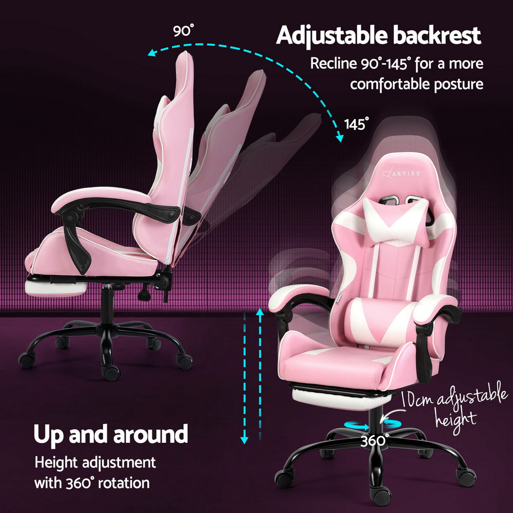Pink Artiss 2 Point Massage Gaming Office Chair Footrest with adjustable height and ergonomic design for comfort.