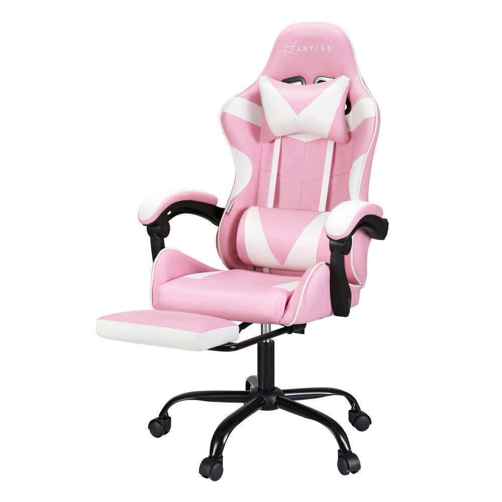 Pink Artiss 2 Point Massage Gaming Office Chair footrest, adjustable and cushioned for comfort during gaming or work sessions.